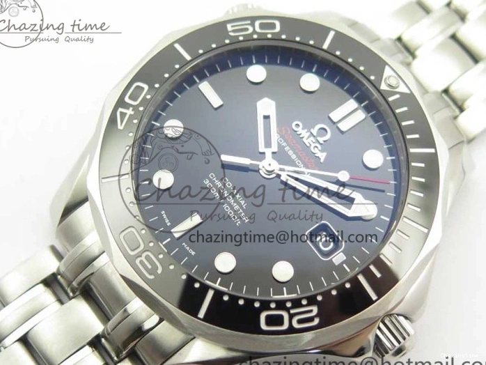 0227 HighQuality Seamaster 300M Chronometer SS Black OMF 1:1 Best Edition on SS Bracelet A2824 (Black Balance Wheel) V 7954